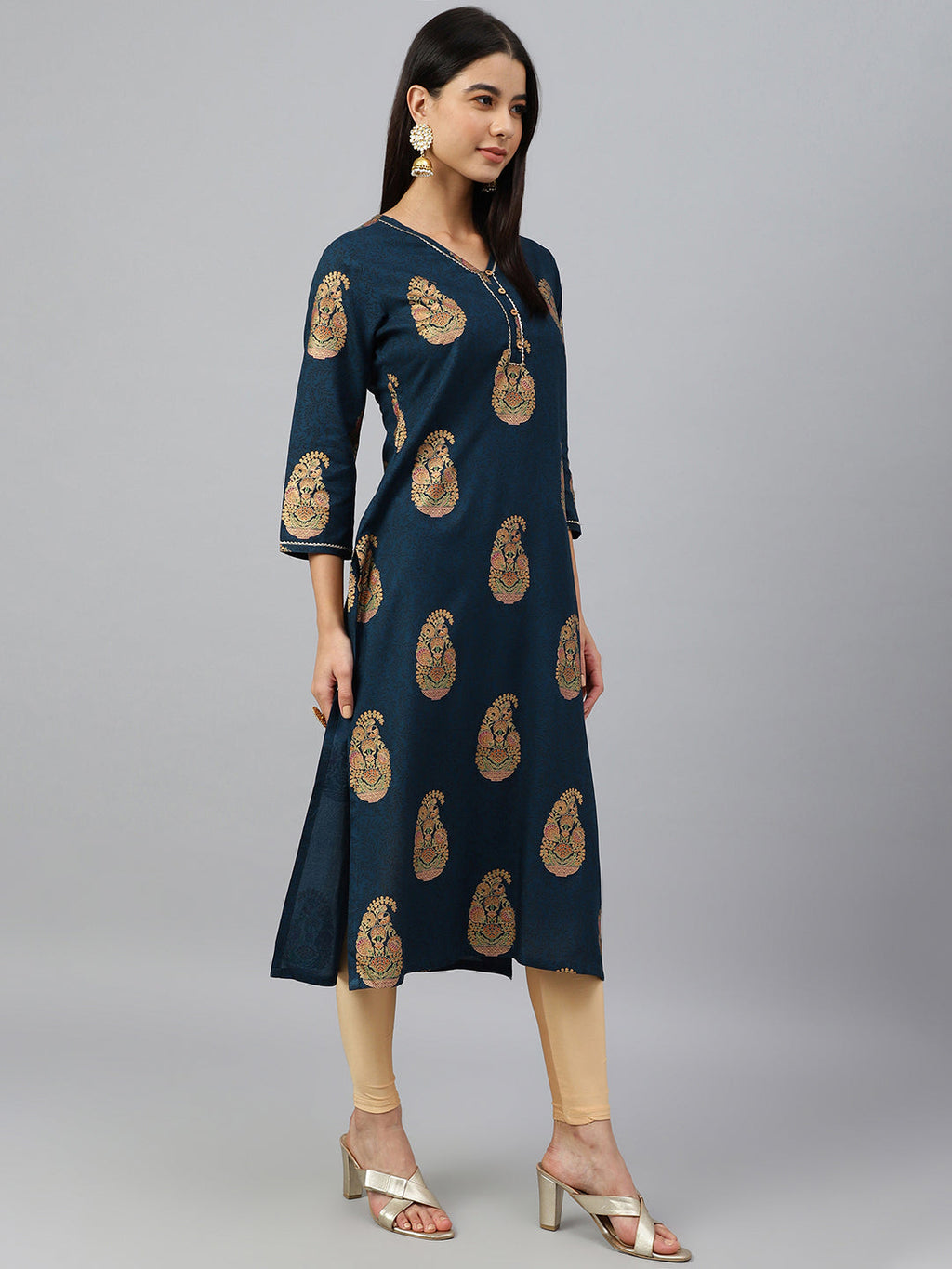 Janasya Women's Teal Blue Rayon Paisley Foil Print Casual Straight Kurta