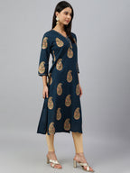 Janasya Women's Teal Blue Rayon Paisley Foil Print Casual Straight Kurta