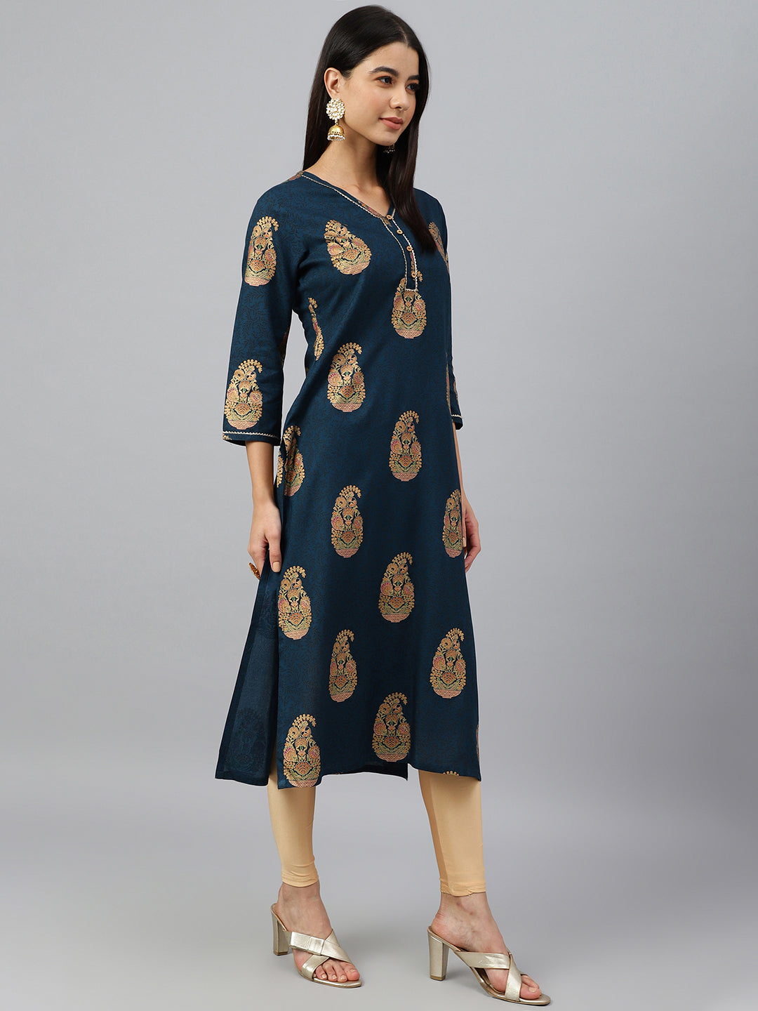 Janasya Women's Teal Blue Rayon Paisley Foil Print Casual Straight Kurta