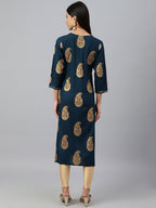 Janasya Women's Teal Blue Rayon Paisley Foil Print Casual Straight Kurta