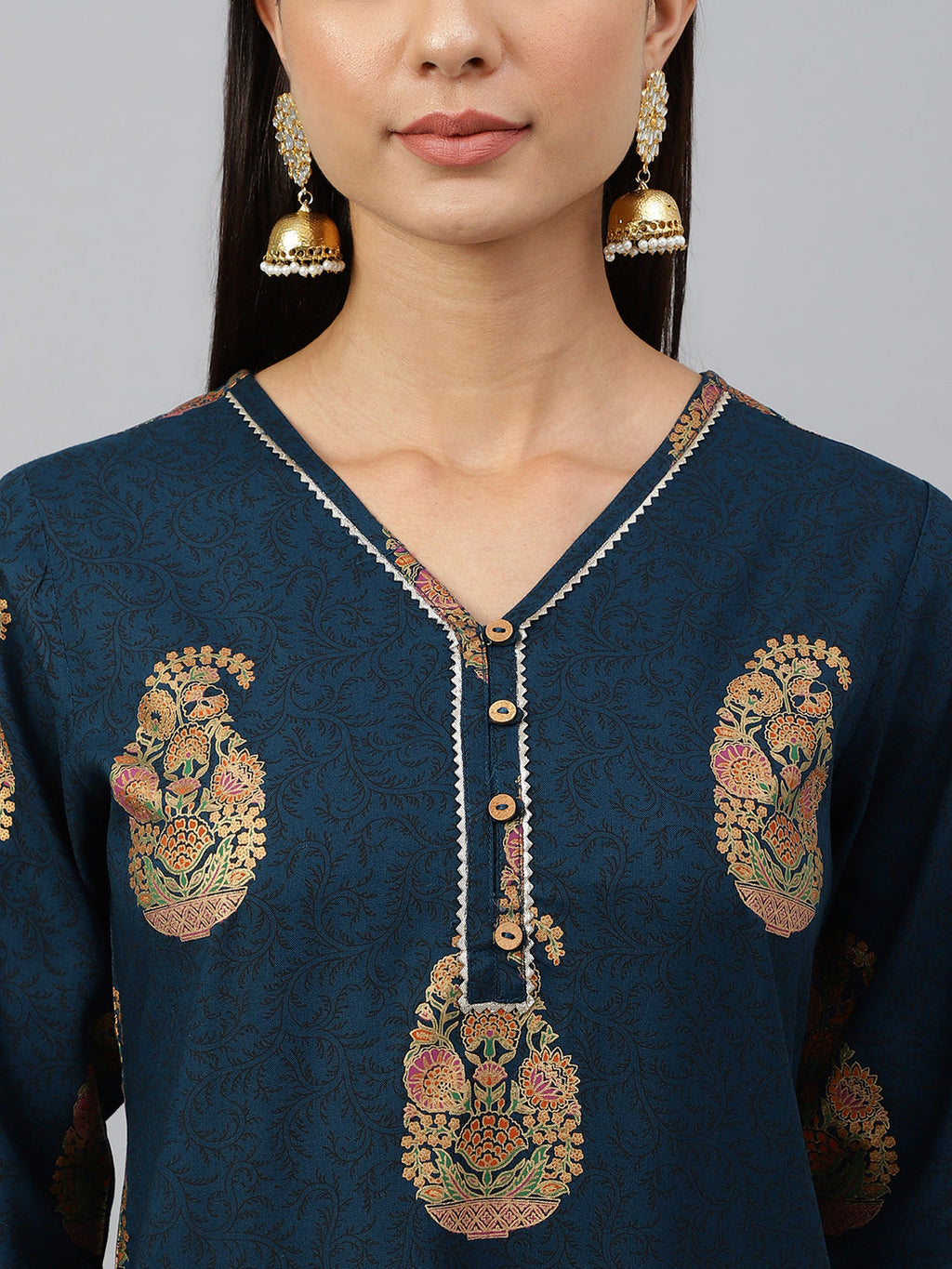 Janasya Women's Teal Blue Rayon Paisley Foil Print Casual Straight Kurta