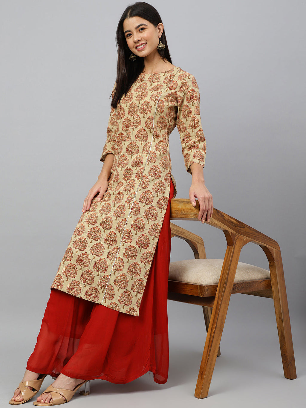 Janasya Women's Beige Cotton Ethnic motifs Casual Straight Kurta