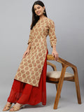 Janasya Women's Beige Cotton Ethnic motifs Casual Straight Kurta