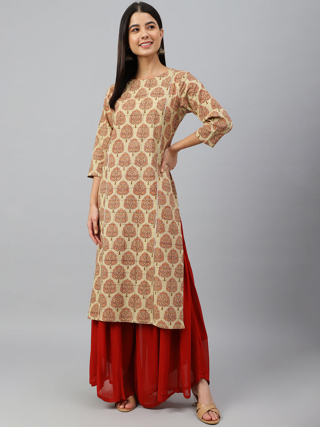 Janasya Women's Beige Cotton Ethnic motifs Casual Straight Kurta