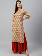 Janasya Women's Beige Cotton Ethnic motifs Casual Straight Kurta