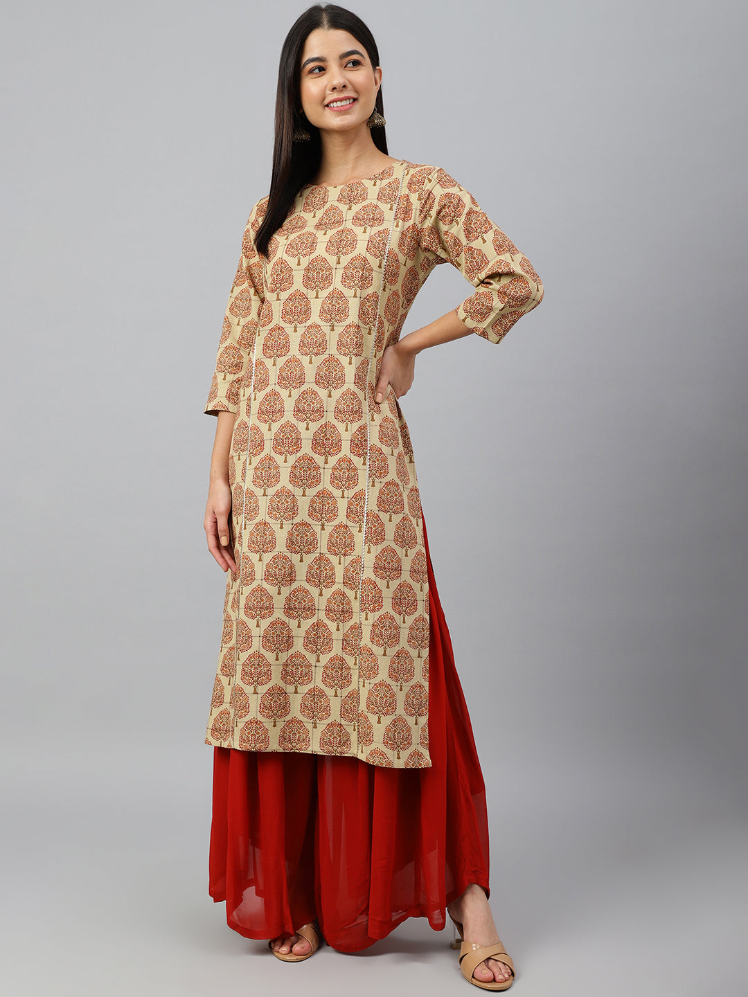 Janasya Women's Beige Cotton Ethnic motifs Casual Straight Kurta