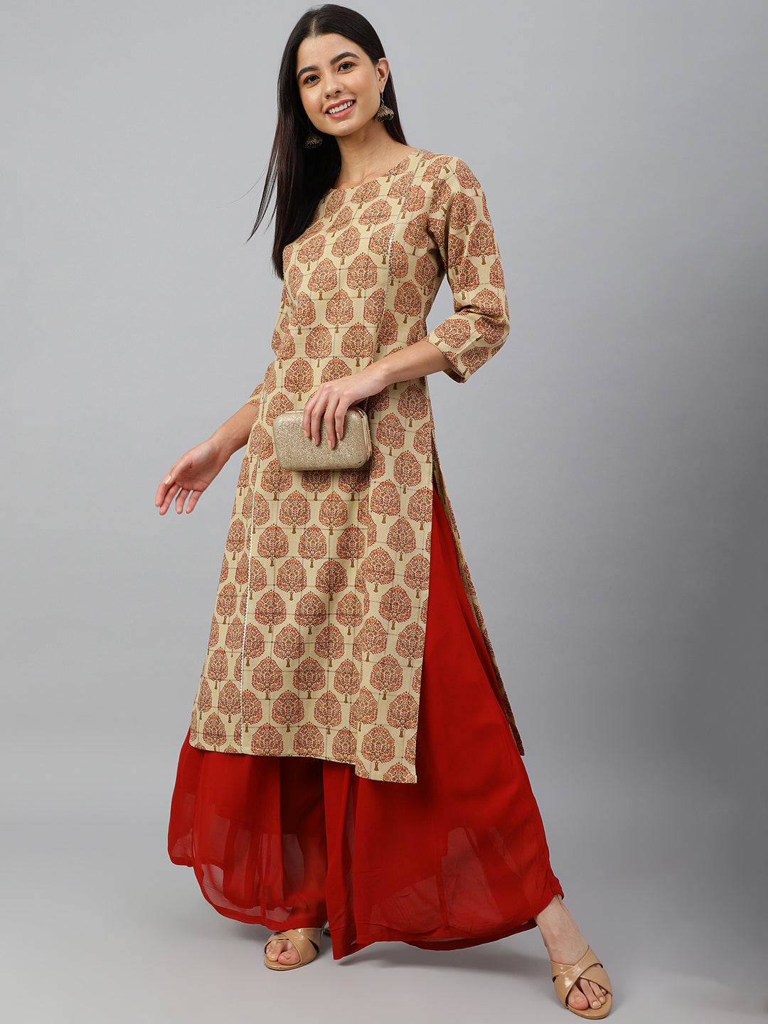 Janasya Women's Beige Cotton Ethnic motifs Casual Straight Kurta