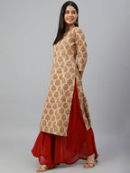 Janasya Women's Beige Cotton Ethnic motifs Casual Straight Kurta