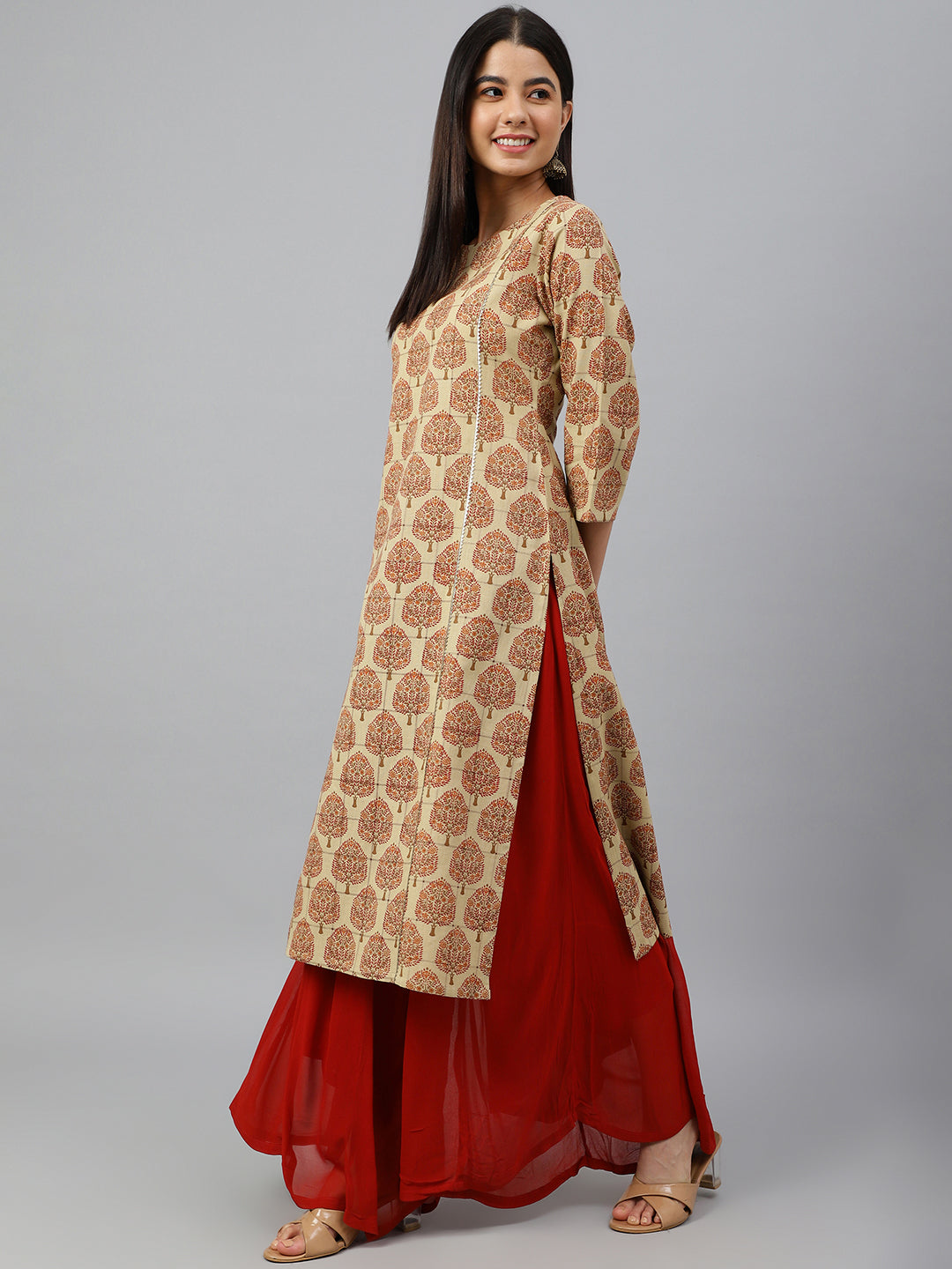 Janasya Women's Beige Cotton Ethnic motifs Casual Straight Kurta