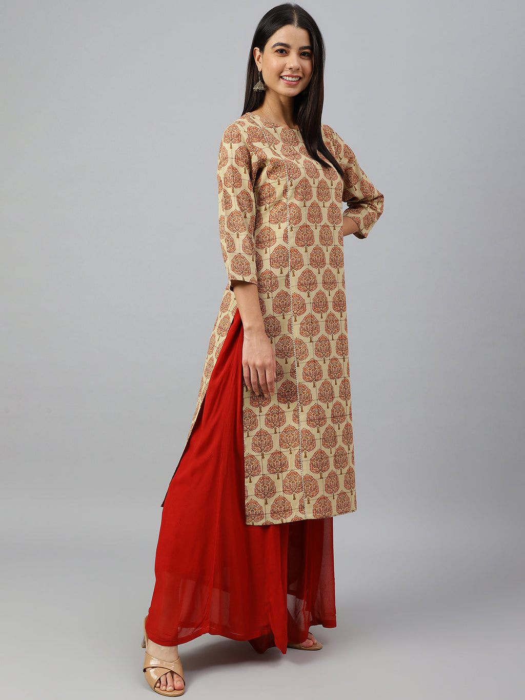 Janasya Women's Beige Cotton Ethnic motifs Casual Straight Kurta