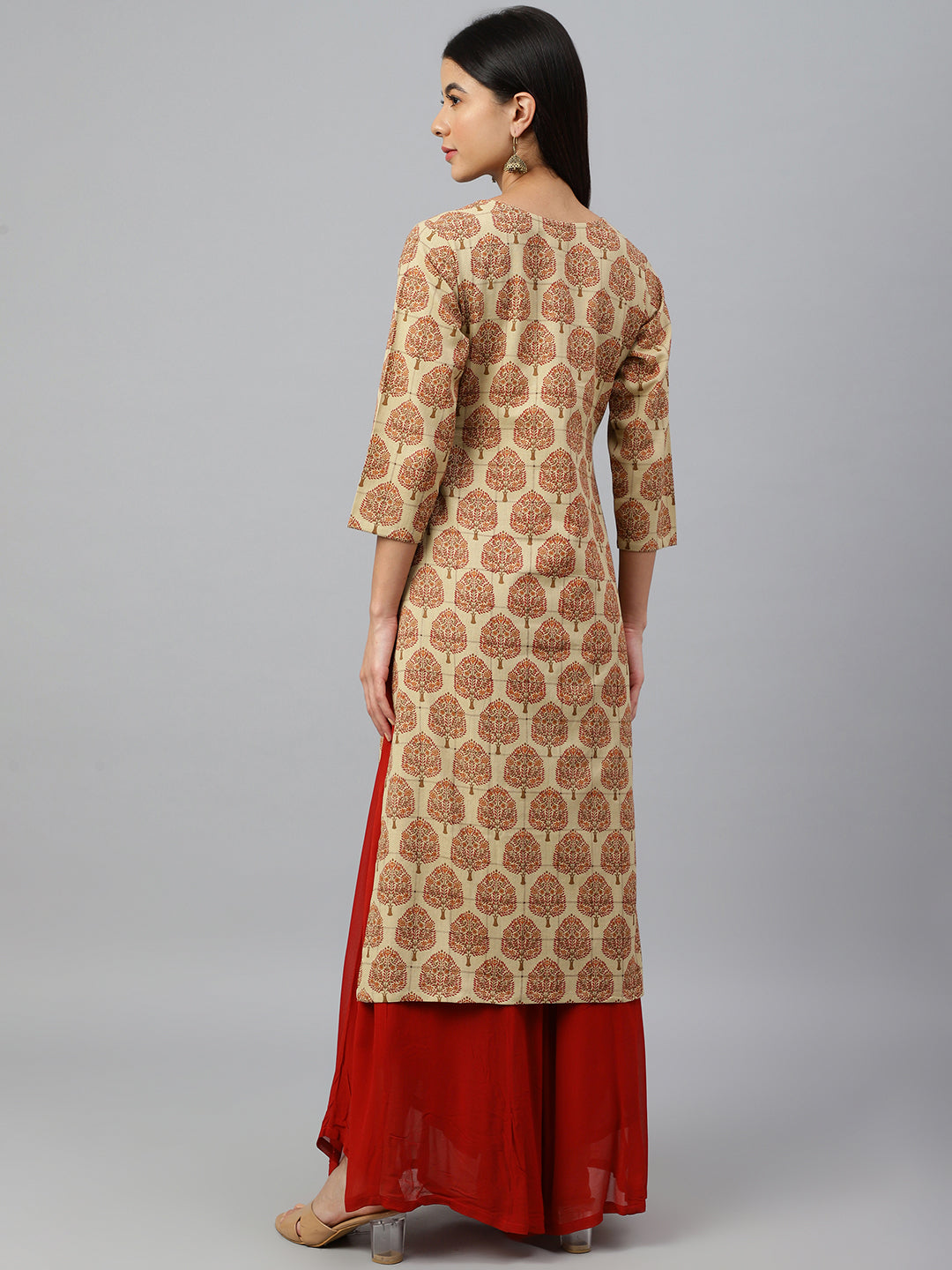 Janasya Women's Beige Cotton Ethnic motifs Casual Straight Kurta
