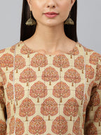 Janasya Women's Beige Cotton Ethnic motifs Casual Straight Kurta