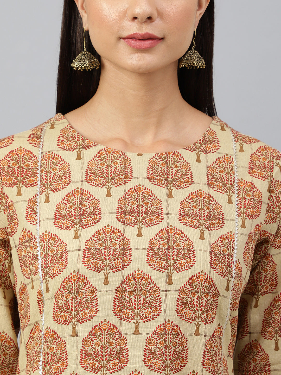 Janasya Women's Beige Cotton Ethnic motifs Casual Straight Kurta