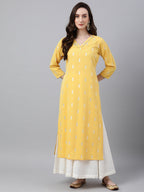 Janasya Women's Mustard Crepe Foil Print Casual Straight Kurta - Distacart