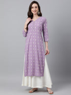 Indian Clothing Janasya Women's Lavender Crepe Foil Print Casual Straight Kurta