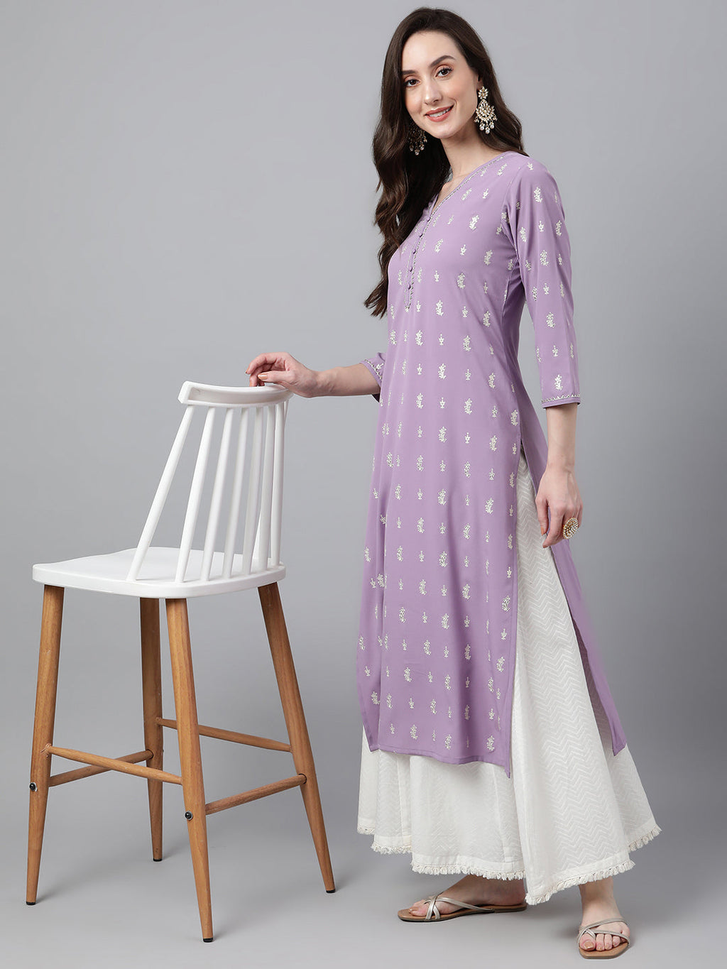 Indian Clothing Janasya Women's Lavender Crepe Foil Print Casual Straight Kurta