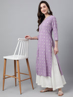 Indian Clothing Janasya Women's Lavender Crepe Foil Print Casual Straight Kurta
