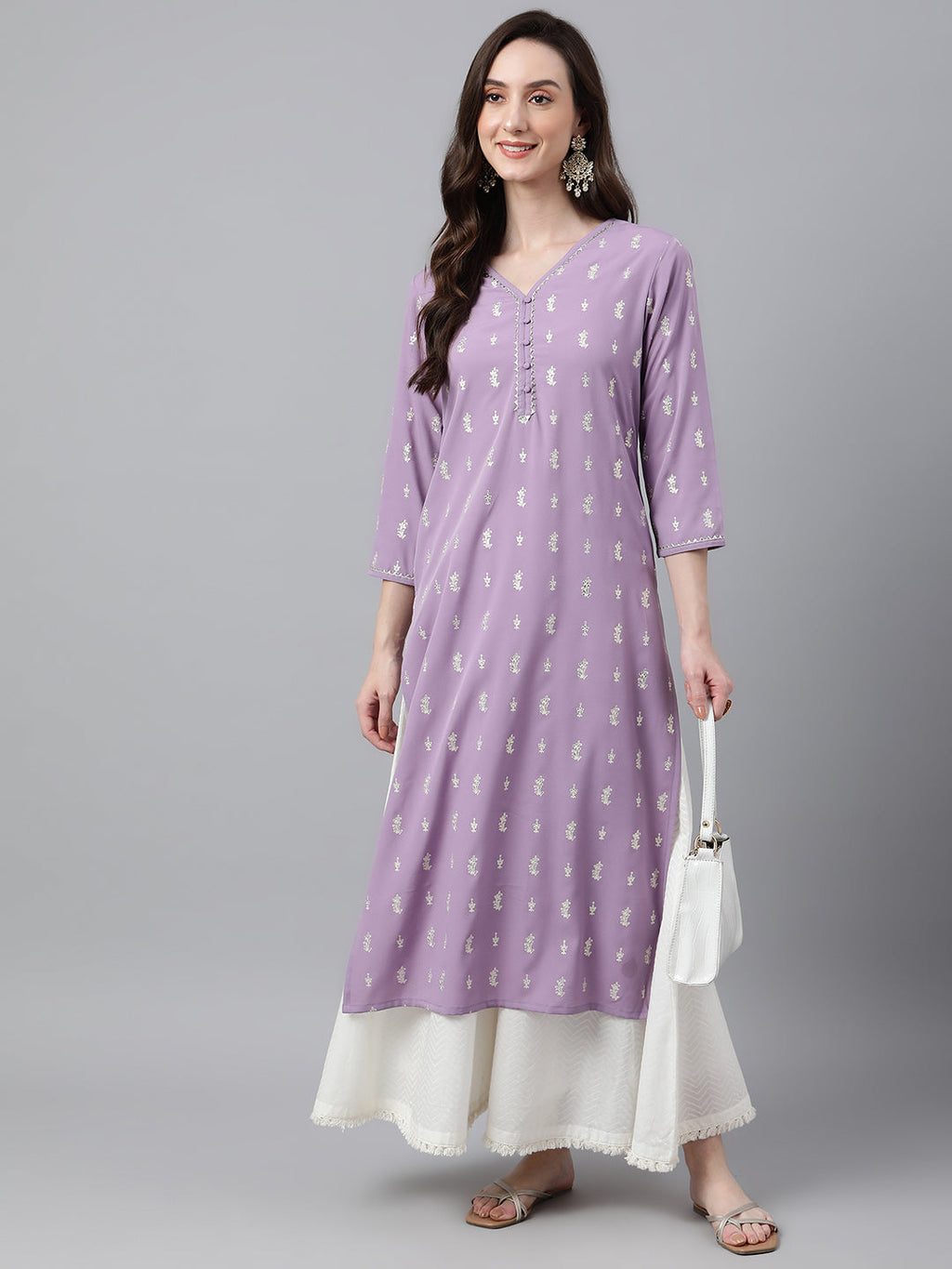 Indian Clothing Janasya Women's Lavender Crepe Foil Print Casual Straight Kurta