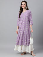 Indian Clothing Janasya Women's Lavender Crepe Foil Print Casual Straight Kurta