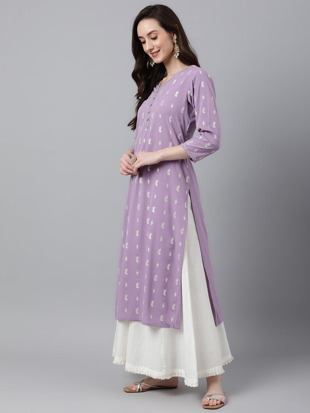 Indian Clothing Janasya Women's Lavender Crepe Foil Print Casual Straight Kurta