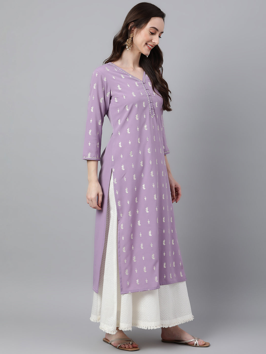 Indian Clothing Janasya Women's Lavender Crepe Foil Print Casual Straight Kurta