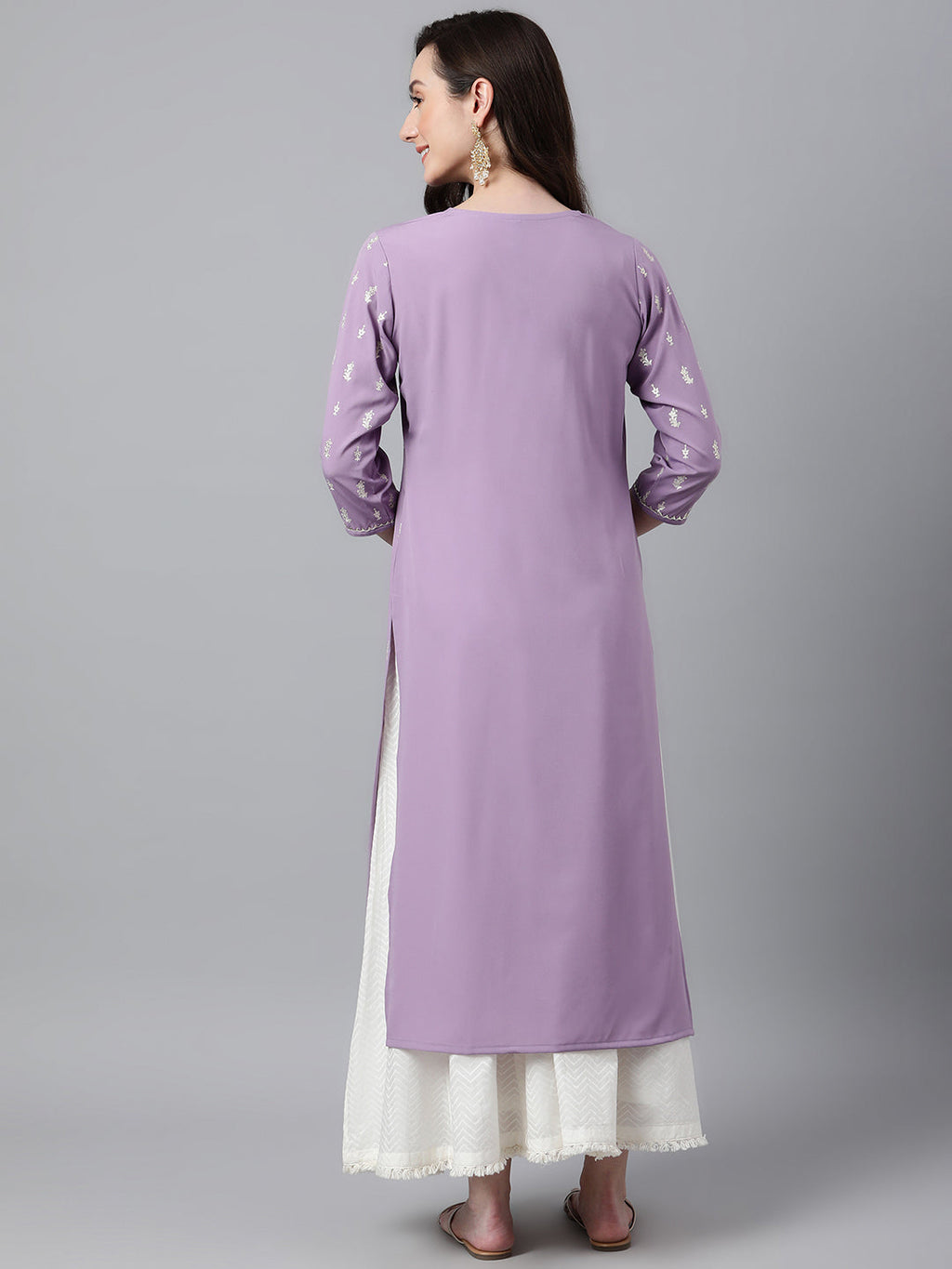 Indian Clothing Janasya Women's Lavender Crepe Foil Print Casual Straight Kurta