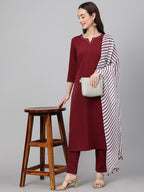 Janasya Women's Maroon Crepe Solid Straight Festival Kurta Set