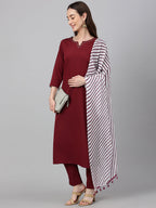 Janasya Women's Maroon Crepe Solid Straight Festival Kurta Set