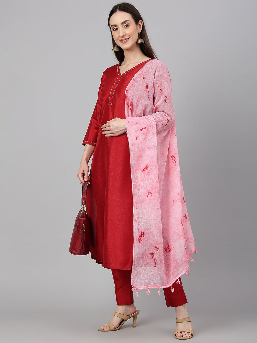 Janasya Women's Maroon Crepe Silk Solid Straight Festival Kurta Set