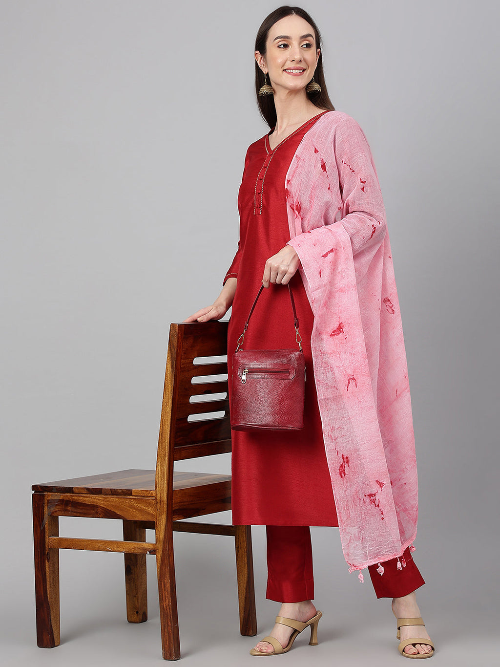 Janasya Women's Maroon Crepe Silk Solid Straight Festival Kurta Set