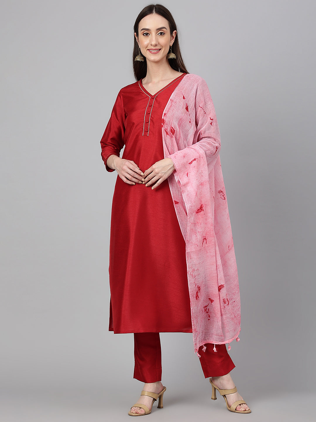 Janasya Women's Maroon Crepe Silk Solid Straight Festival Kurta Set