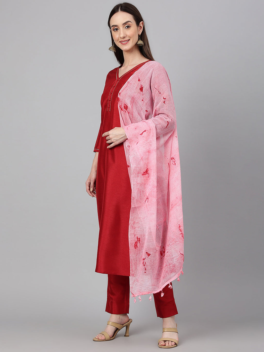 Janasya Women's Maroon Crepe Silk Solid Straight Festival Kurta Set