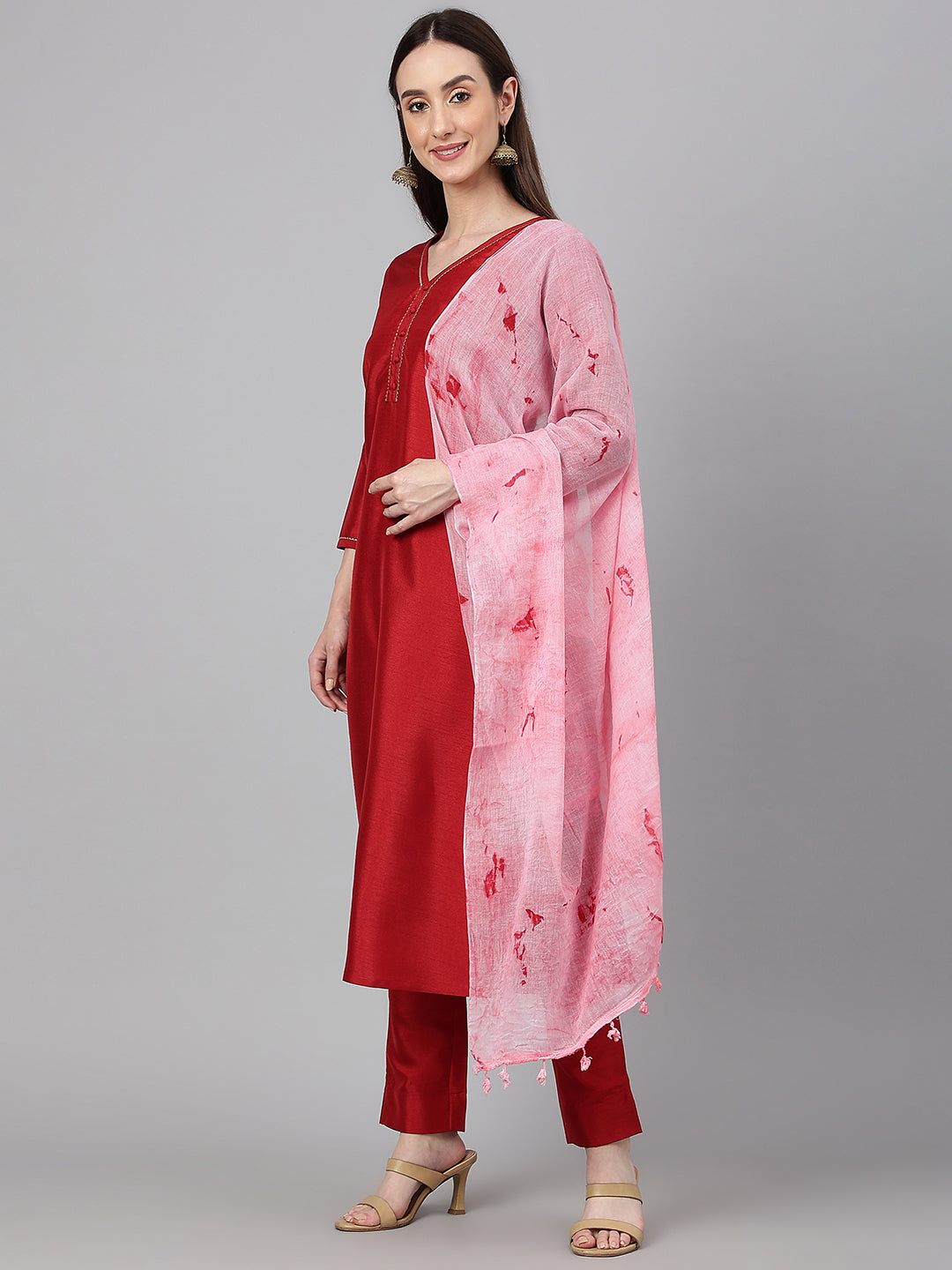 Janasya Women's Maroon Crepe Silk Solid Straight Festival Kurta Set
