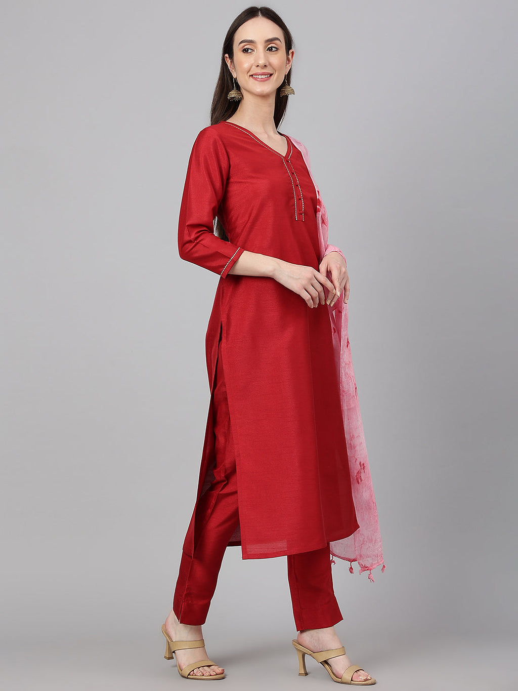 Janasya Women's Maroon Crepe Silk Solid Straight Festival Kurta Set