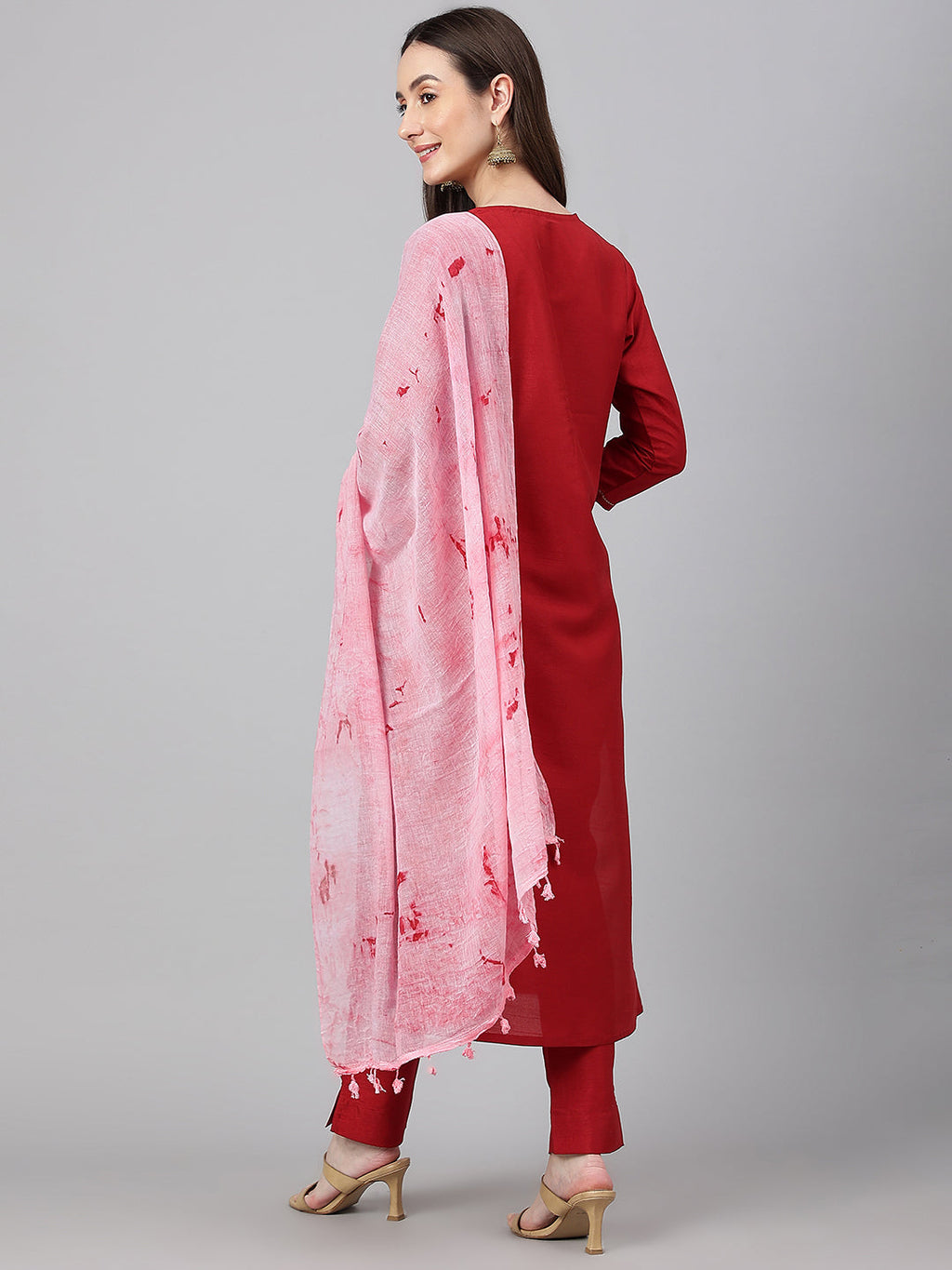 Janasya Women's Maroon Crepe Silk Solid Straight Festival Kurta Set