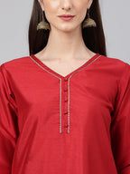 Janasya Women's Maroon Crepe Silk Solid Straight Festival Kurta Set