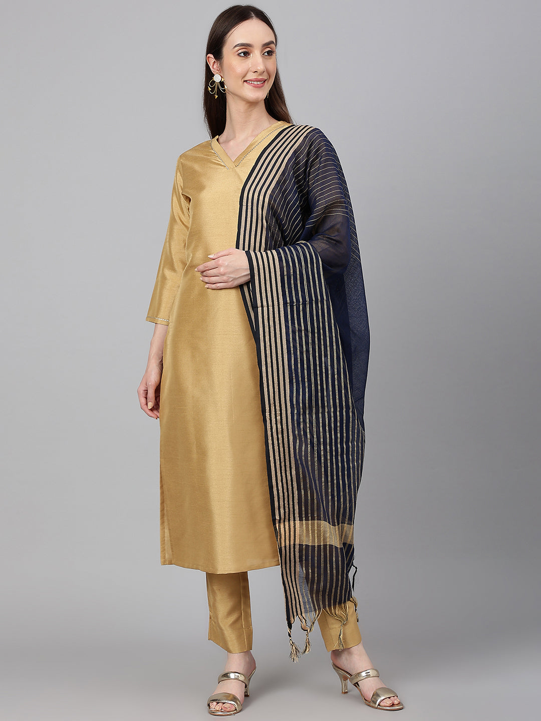 Janasya Women's Gold Crepe Silk Solid Straight Festival Kurta Set
