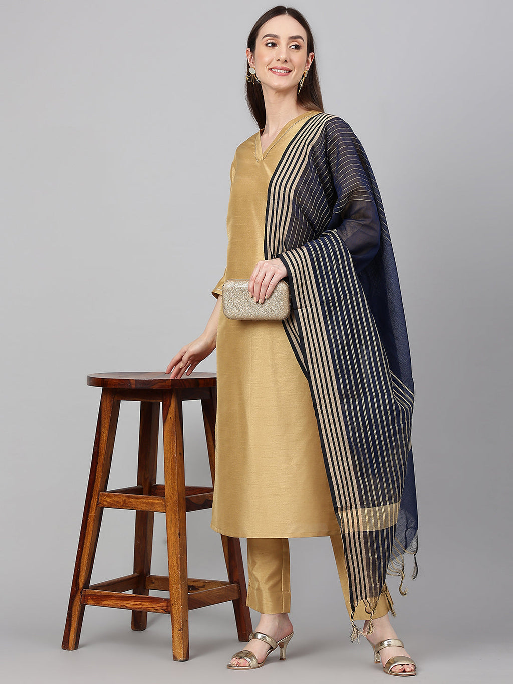Janasya Women's Gold Crepe Silk Solid Straight Festival Kurta Set