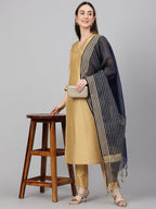 Janasya Women's Gold Crepe Silk Solid Straight Festival Kurta Set