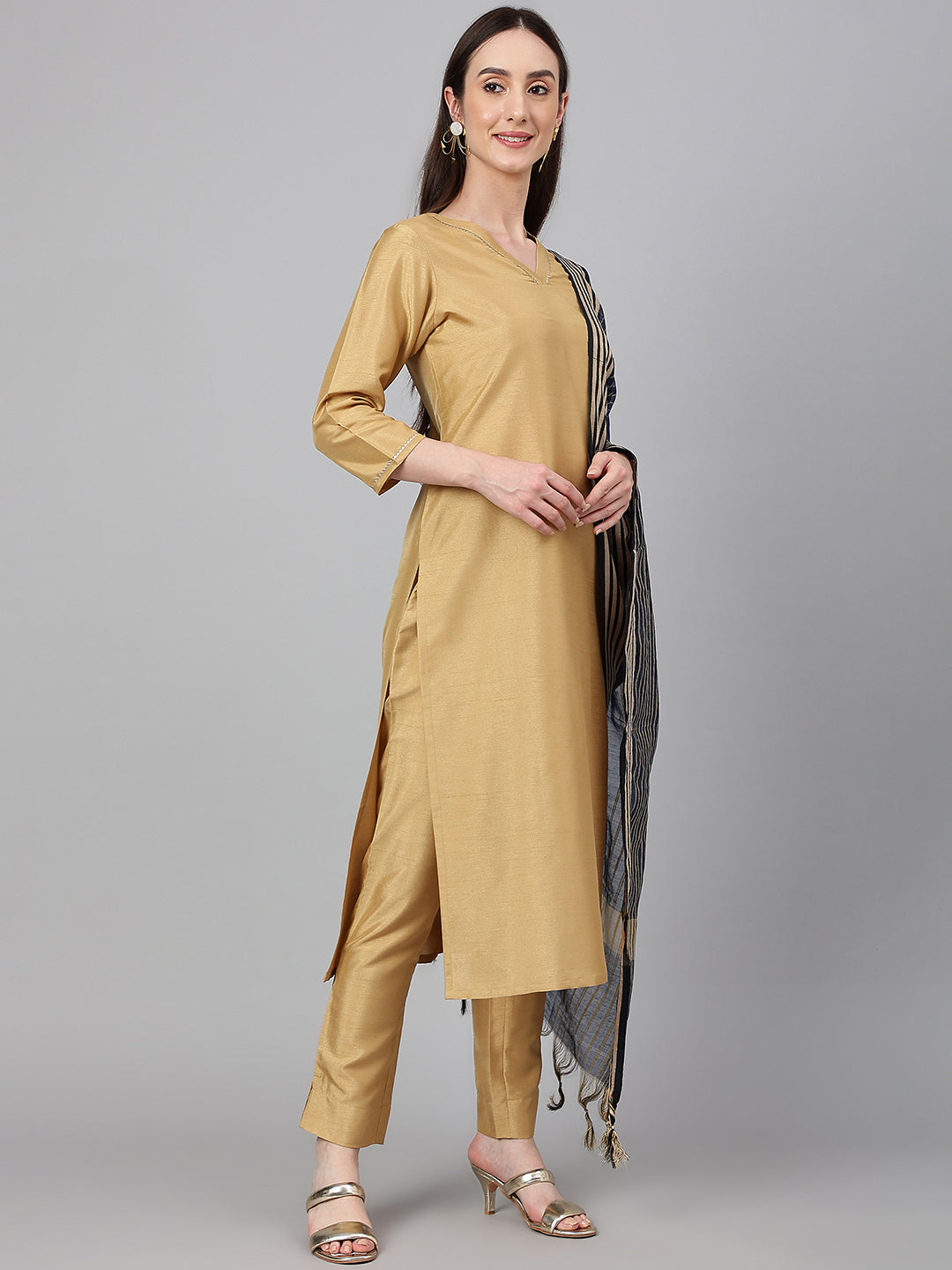 Janasya Women's Gold Crepe Silk Solid Straight Festival Kurta Set