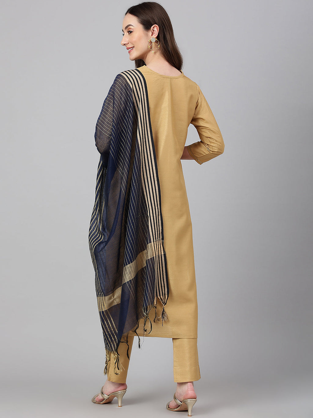 Janasya Women's Gold Crepe Silk Solid Straight Festival Kurta Set