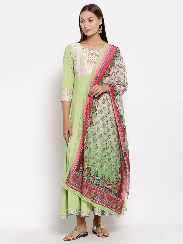 Myshka Women's Green Royan Printed 3/4 Sleeve Round Neck Casual Anarkali Kurta Dupatta Set