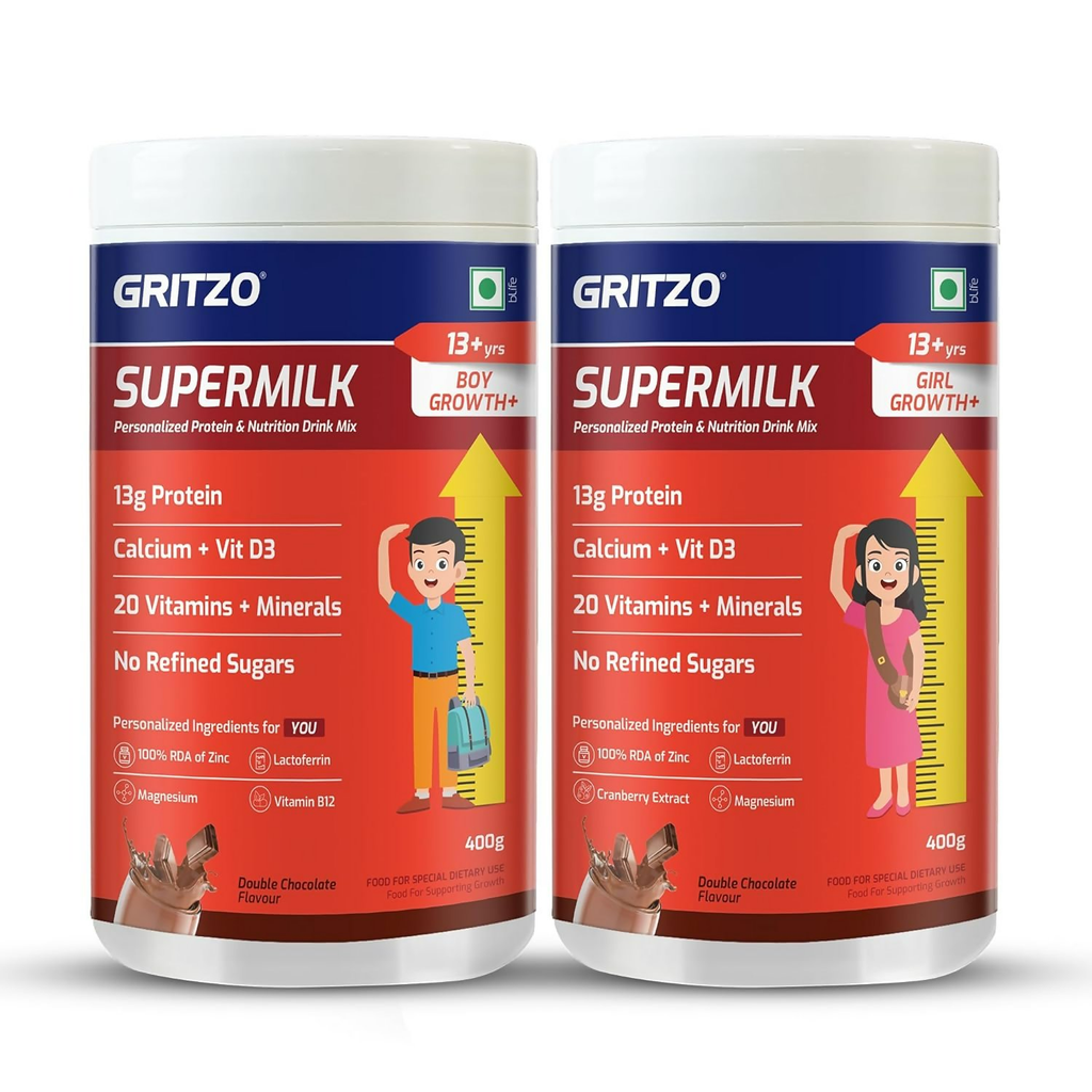 Gritzo SuperMilk Growth+ (Formerly Height+) (13+y Boys & Girls) 13g Protein Powder - Double Chocolate