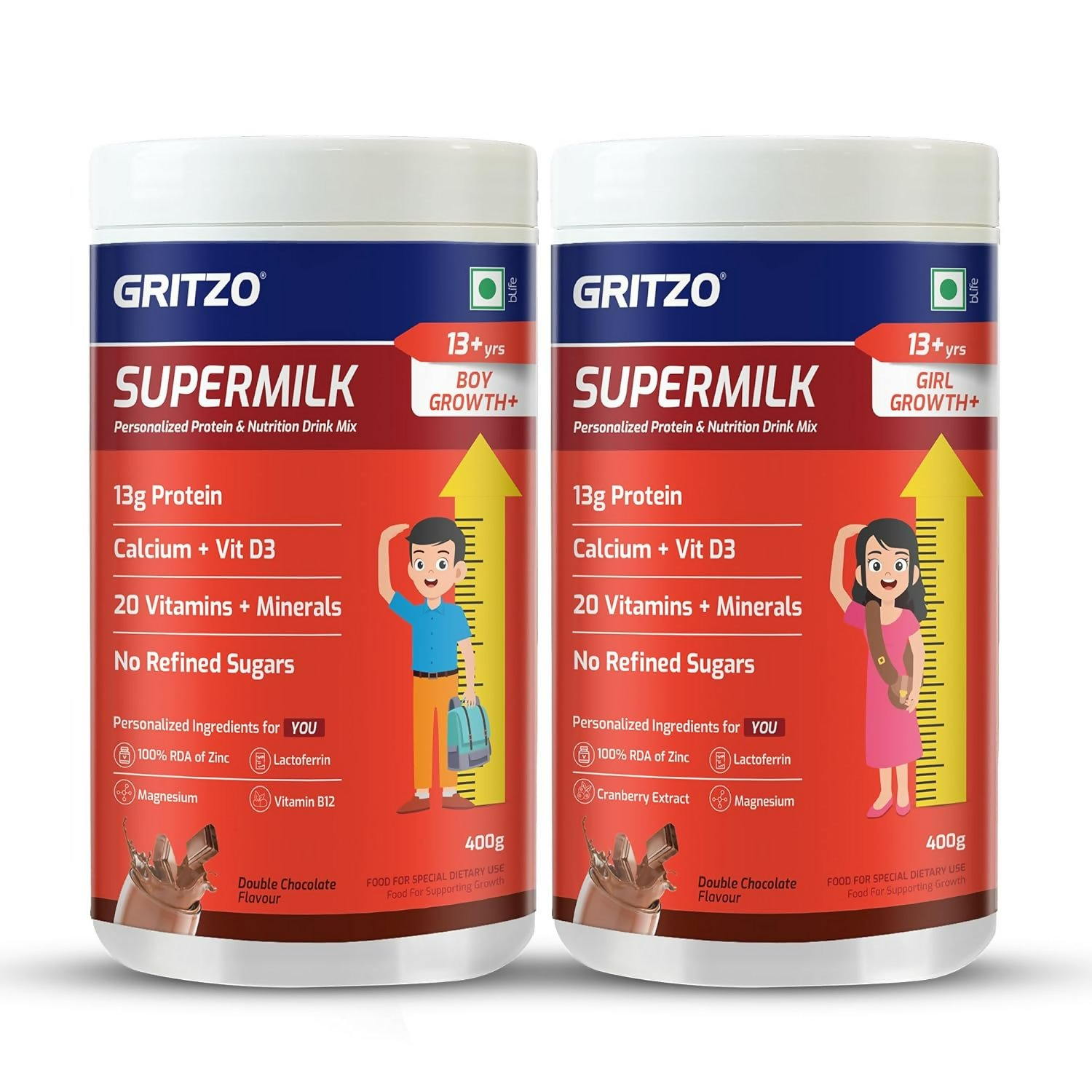 Gritzo SuperMilk Growth+ (Formerly Height+) (13+y Boys & Girls) 13g Protein Powder - Double Chocolate