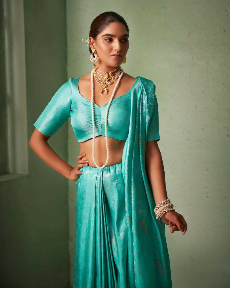 Glamorous Designer Turquoise Color Kanjivaram Silk Saree With Weaving Work - Yomika Fashions
