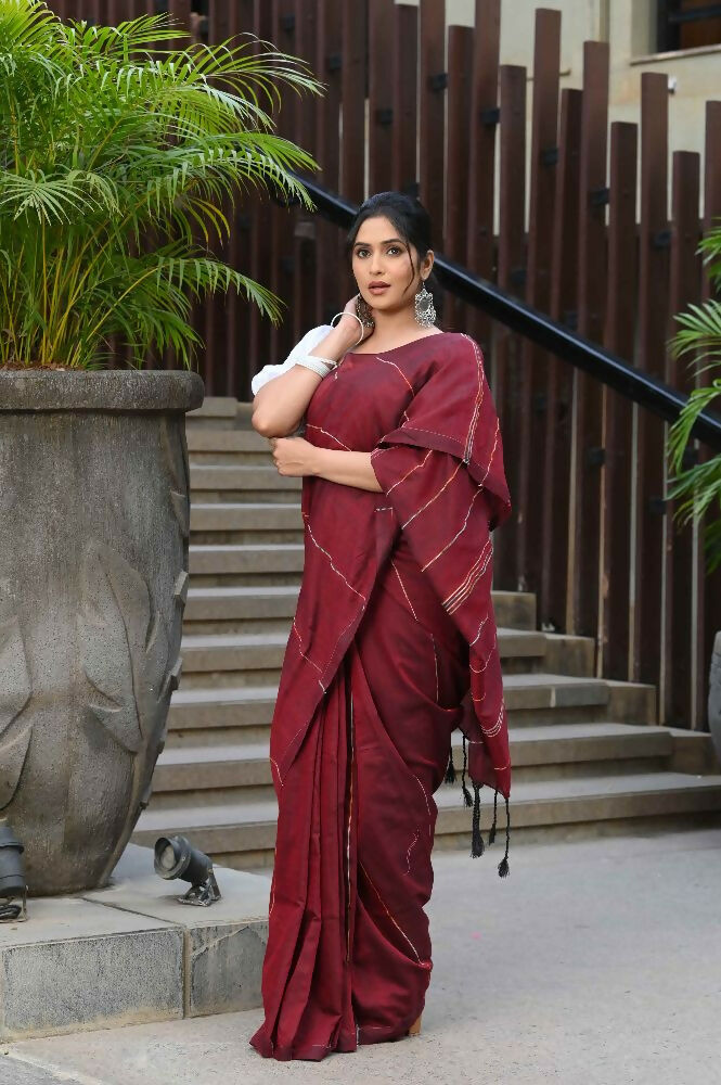 Beatitude Maroon Khadi Ghicha Stripes Saree