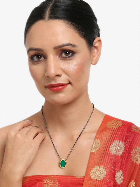 Gold-Polished Black Beaded Green Kundan Studded Handcrafted Mangalsutra - Ruby Raang