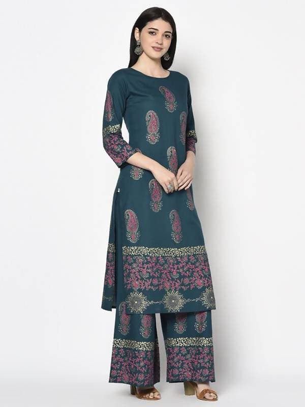 Aniyah Rayon Teal Blue Color Block Print Straight Kurta (AN-224K)