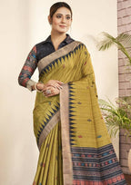 Olive Green Bhagalpuri Silk Paisley Print with Hand Mirror work Border Saree - Norita Nirvi