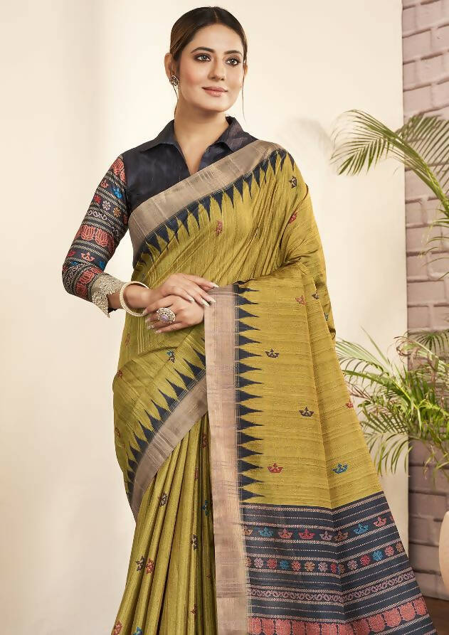 Olive Green Bhagalpuri Silk Paisley Print with Hand Mirror work Border Saree - Norita Nirvi